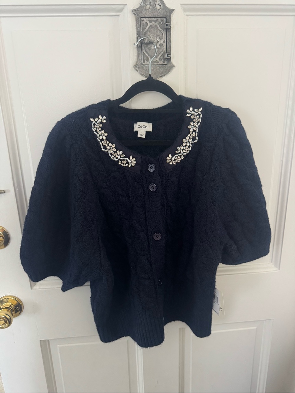 CeCe Navy Short-Sleeve Cable Knit Cardigan with Beaded Collar